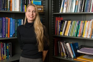 <p>Melissa Tafoya, assistant professor of communication sciences, in her office. Photo by Frank Dahlmeyer</p>