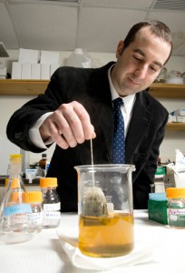 <p>Nutritional scientist Richard Bruno works with green tea in his lab in the Jones Building. Photo by Frank Dahlmeyer </p>