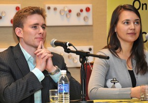 <p>UConn medical student Dan Henderson competes with Nina Resetkova of Texas Tech University in the final round of the "Next Top Doc" radio quiz show. Photo supplied by AMSA</p>