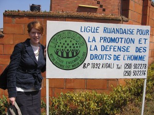 <p>Valerie Love outside the office of a Rwandan human rights organization. Photo by Sarah Jackson</p>