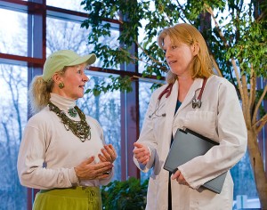 <p>Dr. Cheryl Oncken, right, associate professor of medicine, speaks with Mary Carroll Root, an instructor with Powerful Aging, an exercise program developed at the Health Center. Photo by Lanny Nagler </p>