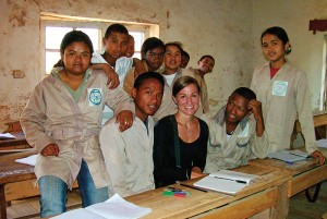 <p> Karen Sherk ’00 (CLAS) with some of her students in Madagascar, where she taught English to adults and to middle school and high school students.</p>