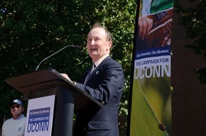 <p>Campaign chair Denis McCarthy speaks during the UConn Foundation's capital campaign announcement to faculty and staff held on Fairfield Way on Sept. 25. Photo by Peter Morenus</p>