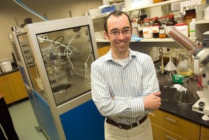<p>Nicholas Leadbeater, assistant professor of chemistry, in his lab. Photo by Daniel  Buttrey</p>