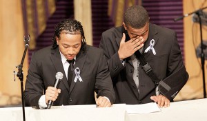 <p>UConn football players Kashif Moore, left, and Kijuan Dabney speak about their teammate, Jasper Howard, during his funeral. AP Photo/J Pat Carter</p>
