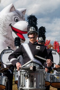 <p>The UConn Marching Band performs during the Homecoming Parade.</p>
