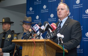 <p>UConn Police Chief Robert Hudd speaks during a press conference  on Tuesday. Photo by Daniel Buttrey</p>