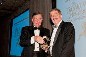 <p>During a ceremony at the New York City Public Library on Sept. 29, Joseph Renzulli, right, the Neag Chair of Gifted Education & Talent Development, receives the McGraw Prize in Education from Harold McGraw III, chairman, president and chief executive officer of The McGraw-Hill Companies. Photo by McGraw-Hill</p>