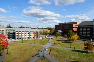 <p>A view of the Student Union Mall, as seen from the roof of the Student Union, showing, from left, the Center for Undergraduate Education, Homer Babbidge Library, and the Information Technologies Engineering Building. Photo by Peter Morenus</p>