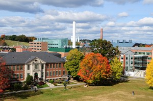 <p>The Castleman Building, left, and Gentry Building, as seen from the roof of the Student Union. Photo by Peter Morenus</p>