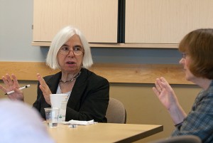 <p>Virginia Valian of Hunter College meets with a grant team headed by Debra Kendall, right, associate dean of liberal arts and sciences. Photo by Frank Dahlmeyer</p>