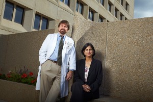 <p>Drs. William White and Pooja Luthra are studying the relationship between vitamin D deficiency and hypertension. Photo by Lanny Nagler</p>