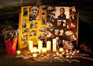 <p>A tribute to Jasper Howard has been set up in front of the Student Union. Photo by Stephen Slade</p>