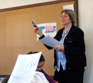 <p>Jane Kerstetter, associate professor of allied health sciences, teaches in Hawley Armory. Photo by Frank Dahlmeyer</p>