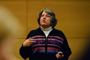 <p>Professor Linda Strausbaugh teaches a class on genetics and mitochondrial DNA. Photo by Jessica Tommaselli</p>