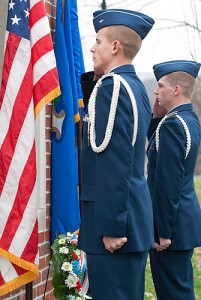 <p>UConn ROTC cadets salute during the presentation of the colors.</p>