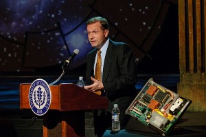 <p>Brian Keane, executive vice president and COO of Blue Sky Studios, speaks at a pre-production event for legislators and representatives of Blue Sky Studios at the Harriet S. Jorgensen Theatre to review the technology behind the CRT production of Galileo. Photo by Peter Morenus</p>