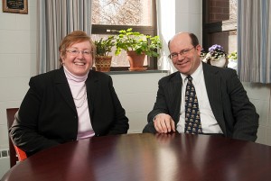 <p>Linda Friedman, left, program manager, and David Garvey, director, of the Nonprofit Leadership Program in the Center for Continuing Studies. Photo by Frank Dahlmeyer</p>