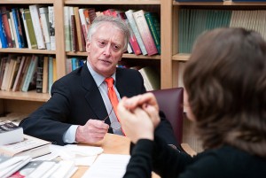 <p>Robert Gross, professor of history, meets with Katherin Siracusa, a senior in the Honors Program. Photo by Peter Morenus</p>