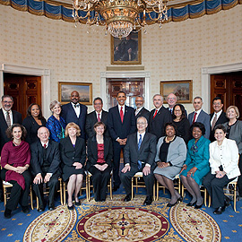 <p>President Obama poses with Presidential Awards for Excellence in Science, Mathematics and Engineering Mentoring winners in the Blue Room of the White House on Jan. 6. Laurencin is standing, fourth from left. Official White House photo by Samantha Appleton  </p>