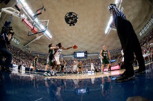 <p>A fisheye lens view of the women's basketball game vs. Notre Dame at Gampel Pavilion. Photo by Peter Morenus</p>