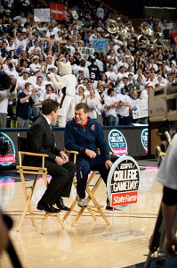 <p>ESPN's Rece Davis, left, interviews Coach Geno Auriemma during the first ESPN College GameDay broadcast for a women's basketball game from Gampel Pavilion. Photo by Peter Morenus</p>