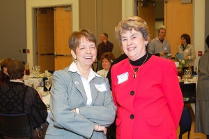 <p>Peggy Beckett-Rinker, executive director of UCPEA, left, speaks with state Rep. Joan Lewis at the 18th annual University of Connecticut Professional Employees Association Legislative Luncheon held at the Student Union Ballroom. Photo by Peter Morenus</p>