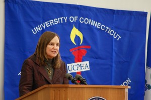 <p>State Rep Denise Merrill speaks at the 18th annual University of Connecticut Professional Employees Association Legislative Luncheon held at the Student Union Ballroom. Photo by Peter Morenus</p>