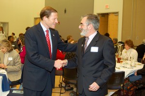 <p>State Attorney General Richard Blumenthal, left, and Steven Grigoreas, UCPEA vice president for Political Action at the 18th annual University of Connecticut Professional Employees Association Legislative Luncheon held at the Student Union Ballroom. Photo by Peter Morenus</p>