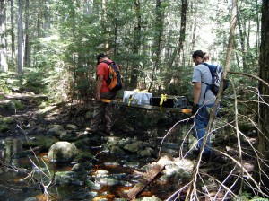 <p>Graduate students David Granucci of UConn and Atticus Finger of Louisiana State University carry instrumentation across a creek. Photo by April Hiscox</p>