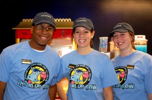 <p>Student employees at the Blue Cow, from left, Meleck Bryant, Nicole Francisco, and Alex Griffin. Gail Merrill</p>