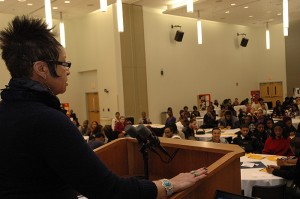 <p>Dr. Willena Price addresses a capacity crowd at the opening ceremony for Black History Month in the Student Union Ballroom on Feb. 4. Photo by Margaret Malmborg</p>