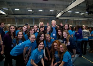 <p>University of Connecticut students taking pictures with President Hogan at HuskyTHON, an 18 hour dance fundraiser for Connecticut Children's Medical Center. Photo by Lauren Cunningham</p>