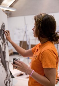<p>Freshman studio art major Juliana Conley works on a piece in the Art Building. Photo by Lauren Cunningham</p>