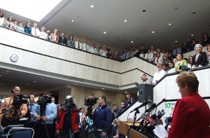 <p>Gov. M. Jodi Rell addresses a standing room-only crowd at the Health Center. Photo by Chris DeFrancesco</p>