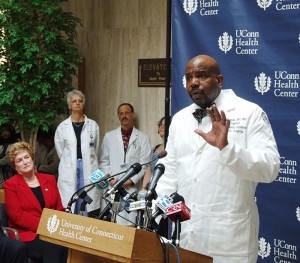 <p>Dr. Cato T. Laurencin, vice president for health affairs and dean of the UConn School of Medicine, speaks about the plan. Photo by Chris DeFrancesco</p>