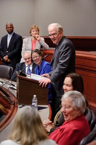 <p>President Hogan speaks at a press conference at the state capitol for the signing of an agreement to expand the guaranteed admission of Connecticut community college students to the University of Connecticut. Photo by Peter Morenus</p>