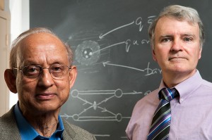 <p>Munir Islam, left, research professor of physics, and Richard Luddy, research professor in the physics department. Photo by Frank Dahlmeyer</p>