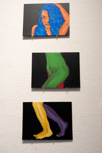 <p>Artwork by Jen Cannella, part of the “Distortion of our Body Image in the Media” exhibit in the Student Union Gallery. Photo by Frank Dahlmeyer</p>