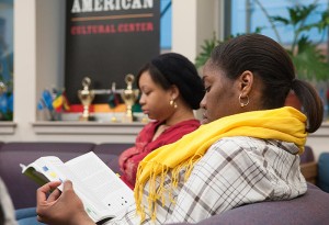 <p>Sophomore Monique Sewell, left, an allied health major and psychology minor, and junior Natasha Mathis, an applied mathematics major and statistics minor, study in the African American Cultural Center. Photo by Frank Dahlmeyer</p>