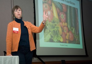 <p>Author Rosalind Creasy gives the keynote address on edible landscaping at the 8th annual Garden Conference. Photo by Daniel Buttrey</p>