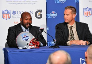 <p>Scottie Graham, left, director of player marketing and engagement for the NFL Players Association, and Scott Paddock, director of sports marketing for Gatorade at a press conference announcing the formation of the Korey Stringer Institute. Photo by Peter Morenus</p>