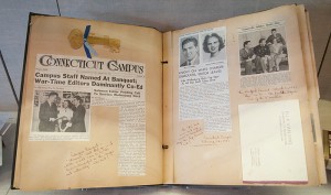 <p>A scrapbook from 1942-43 at the Huskies on the Home Front: The War Years at UConn exhibit, on display in the Dodd Research Center's gallery through June 11th. Photo by Frank Dahlmeyer</p>