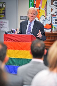 <p>U.S. Sen. Joseph Lieberman speaks about his sponsorship of legislation that would repeal the “Don’t Ask, Don’t Tell” policy that prevents gay Americans from openly serving in the military during a visit to the Rainbow Center at the Student Union. Photo by Peter Morenus</p>