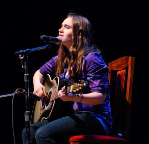 <p>Jen Guha, a sophomore political science major, sings at UConn Idol in the Jorgensen Center for the Performing Arts. Photo by Jessica Tommaselli </p>