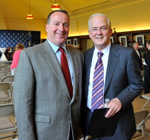 <p>James Leahy, CAE, executive director of the Connecticut Daily Newspapers Association, left, with President Michael Hogan before the gubernatorial debates held at the William H. Starr Reading Room at the Law School.</p>