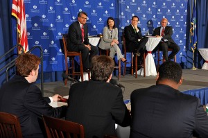 <p>Democratic candidates Juan Figueroa, Mary Glassman, Dan Malloy and Rudy Marconi. The gubernatorial debates were held at the William H. Starr Reading Room at the Law School.</p>
