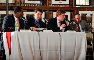 <p>Debate moderators  Devaughn Ward, left, a law school student, Keith Phaneuf, a reporter with CTMirror.org, Chris Duray, an undergraduate student. At right is time keeper James Leahy, CAE, executive director of the Connecticut Daily Newspapers Association. The gubernatorial debates were held at the William H. Starr Reading Room at the Law School.</p>