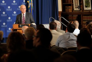 <p>President Michael Hogan speaks during the gubernatorial debates held at the William H. Starr Reading Room at the Law School.</p>