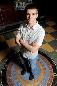 <p>Sophomore Ethan Butler, president of UConn Engineers Without Borders, in the Castleman Building. Photo by Frank Dahlmeyer</p>